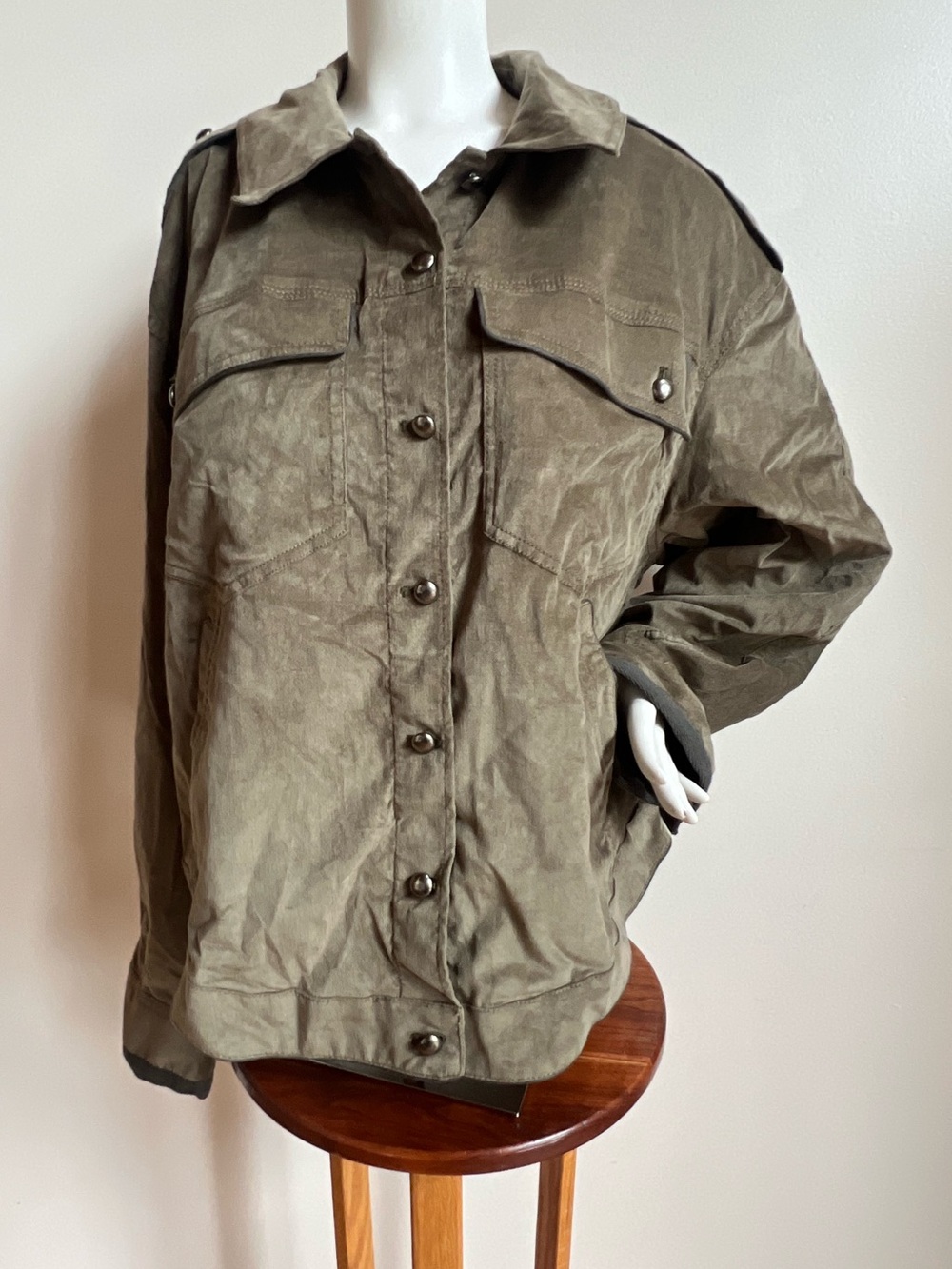 We The Free Olive Green Utility Jacket faux suede with Chest Pockets